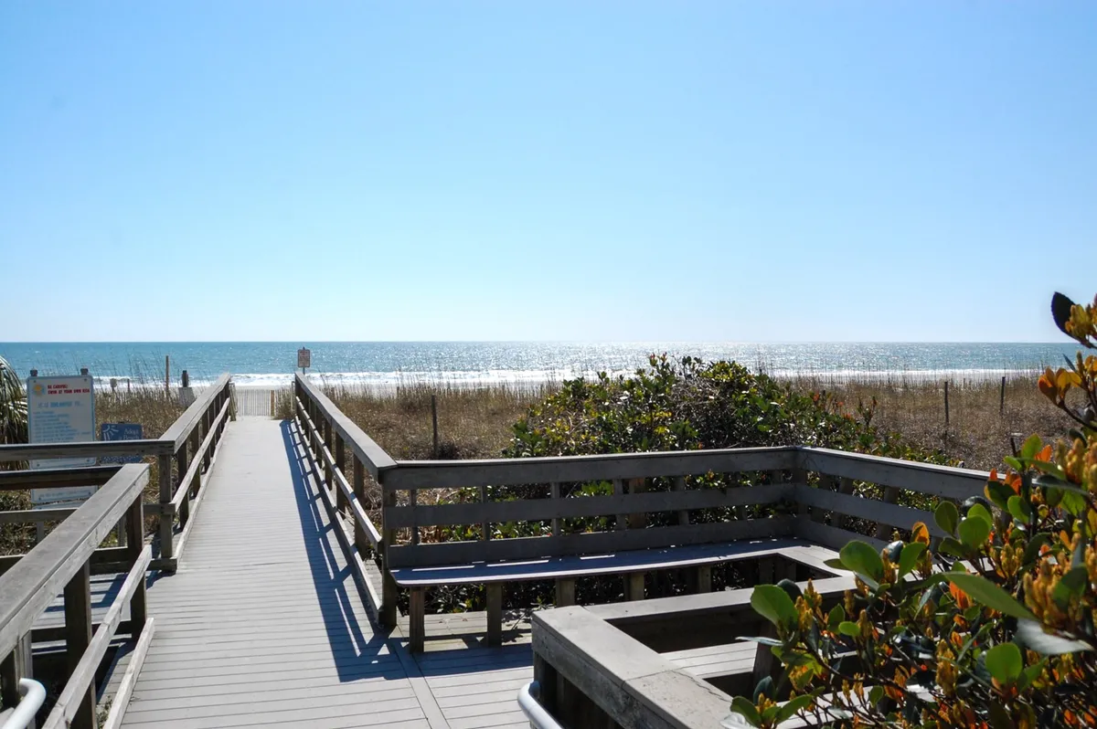 A scenic wooden boardwalk leading through grassy dunes to the sandy beach and sparkling ocean beyond. The natural greenery frames the path, inviting families to stroll towards a day of sun, swimming, and sandcastle building.