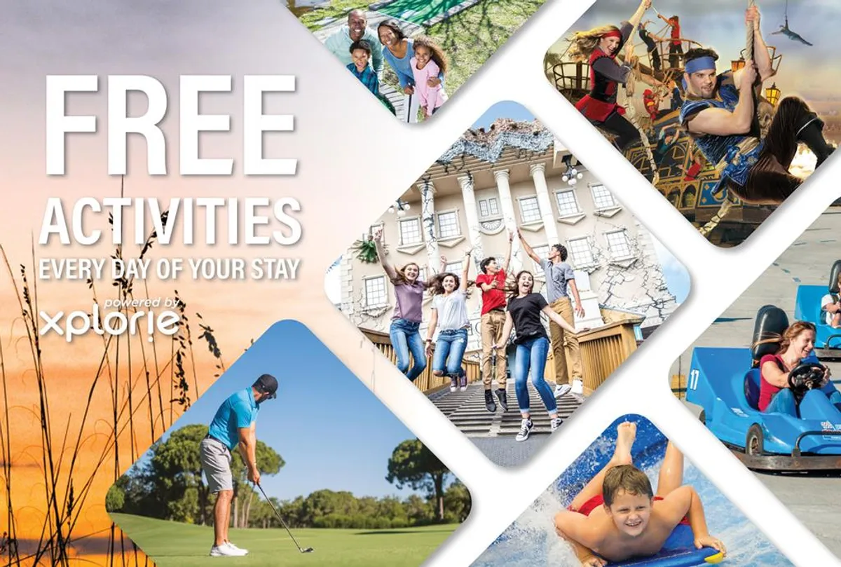 Families and children are shown enjoying indoor activities, including golfing and amusement rides. The image captures the spirit of the Free Fun Program and the diverse entertainment options available, highlighting laughter, shared experiences, and the family-friendly environment.
